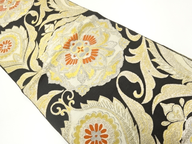 JAPANESE KIMONO / ANTIQUE FUKURO OBI / WOVEN FLORAL ARABESQUE